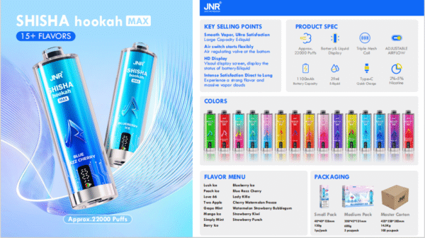 JNR Shisha  Hookah Max 22K puffs Disposable E Cigarettes vape  1100mah 2% 5%  15 Flavors 22000 puffs