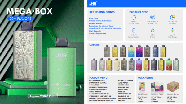 JNR Mega Box 25000 puffs Disposable E Cigarettes vape  850mah 2% 5%  20 Flavors 25K puffs