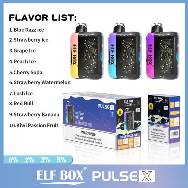02 ELF BOX PULSE X 25K puffs Disposable E Cigarettes vape 650mah 0/2/3/5% 10 Flavors 25000 puffs