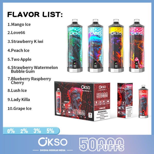 04 OKSO shisha hookah mega 50k Disposable E Cigarettes vape LED Display 0/2/3/5% 10 Flavors 50000 puffs