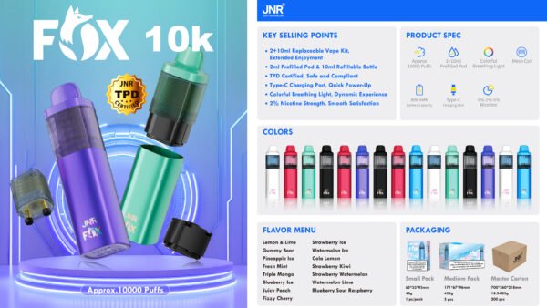 2025.05.06 JNR CATALOG-FOX-英版 JNR Fox 10000 puffs Disposable E Cigarettes vape 800mah 2+10ml 2% 15 Flavors 10K puffs