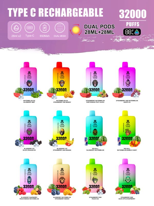 Bang king 32K puffs Disposable E Cigarettes vape Double flavor 1.0ohm 0/2/3/5% 12 Flavors 32000 puffs