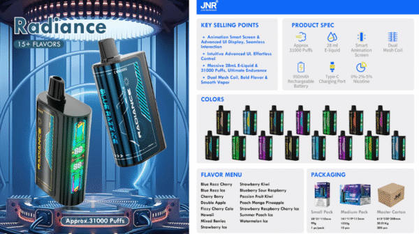 1752298947152 JNR Radiance 31000 puffs Disposable E Cigarettes vape 950mah 28ml 15 Flavors 31k puffs